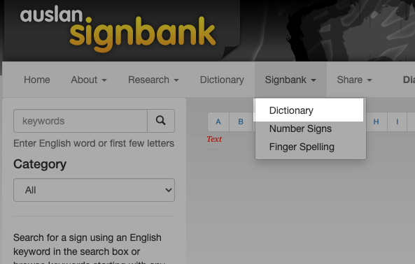 Screen grab showing how to select the Dictionary option from the Signbank menu on the Auslan Signbank homepage