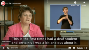 Video still. Interview with a teacher. This was the first time I had a deaf student and certainly I was a bit nervous about it.